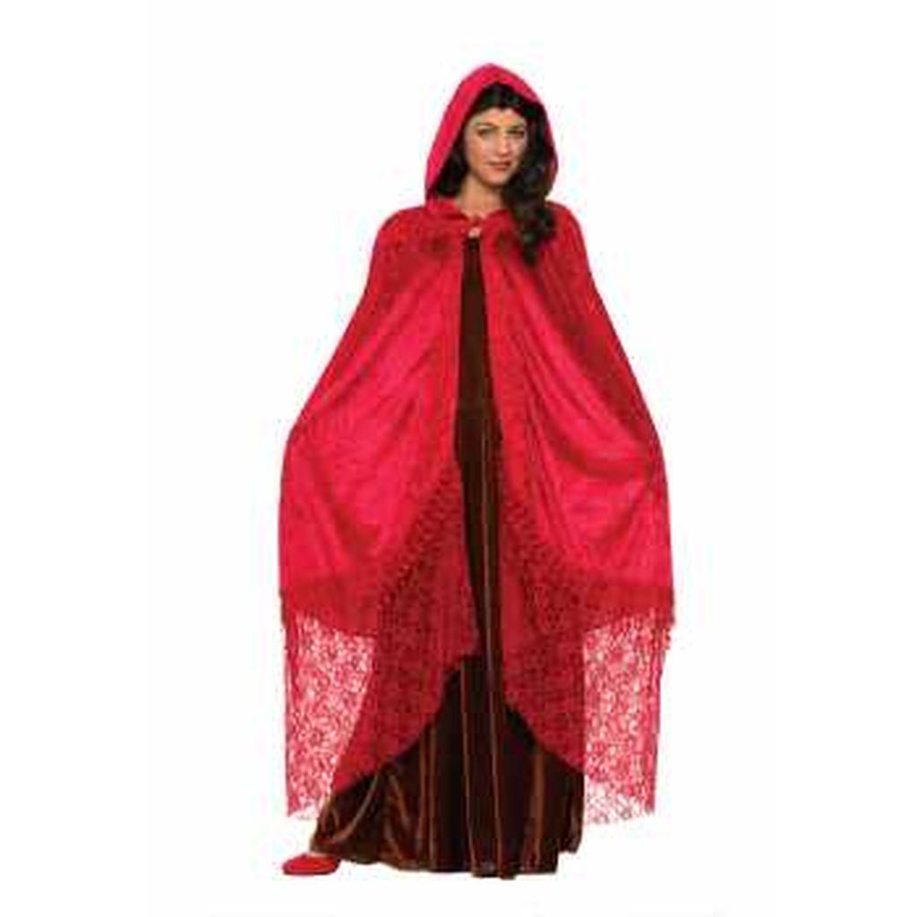 Elegant Ruby Red Velvet and Lace Hooded Cape