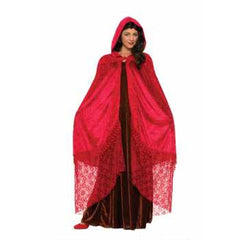 Elegant Ruby Red Velvet and Lace Hooded Cape