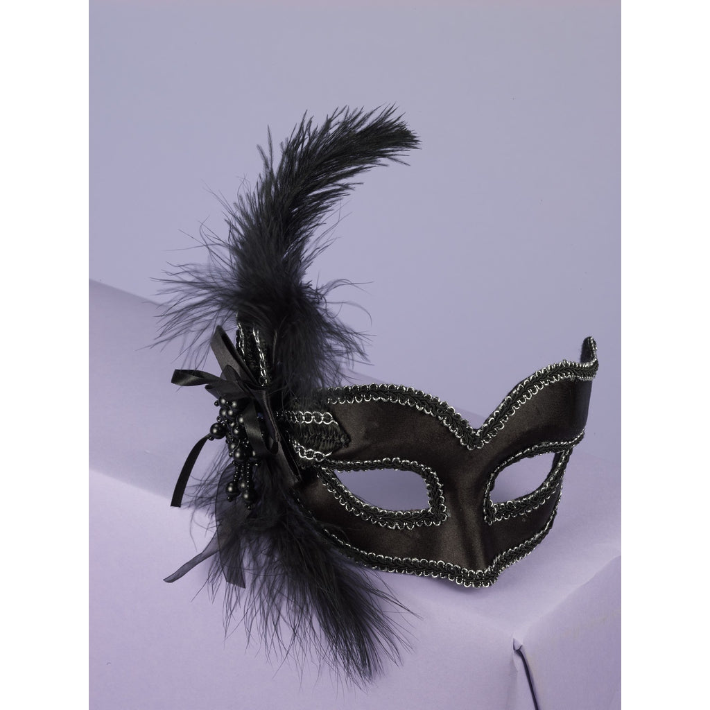 Black Satin Mask W/Feather & Bow