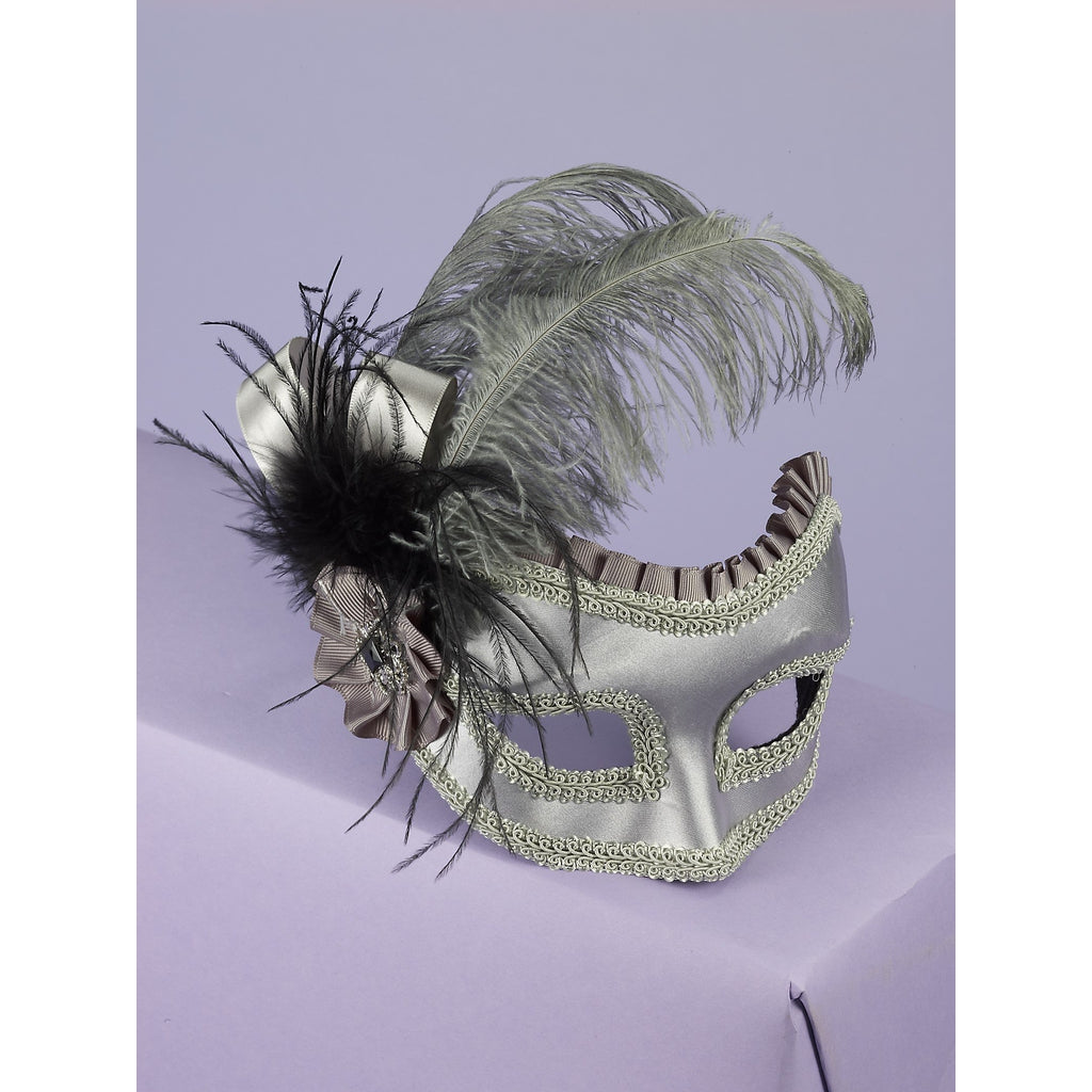 Silver Satin Mask W/Feather & Bow
