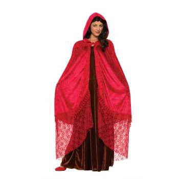 Elegant Ruby Red Velvet and Lace Hooded Cape