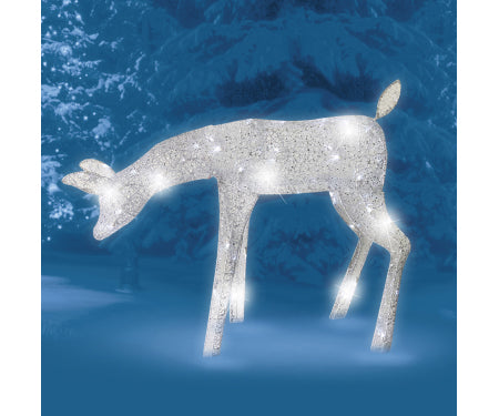 39" Elegant Morphing Feeding Doe Deer Silver Woven Glitter